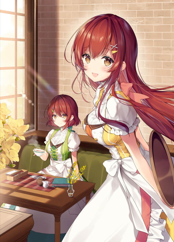 2girls apron bangs blush breasts brown_eyes cafe closed_mouth corset cup day eyebrows_visible_through_hair frilled_apron frills futago_kissa_to_akuma_no_ryourisho hair_ornament hairclip holding holding_tray indoors light_smile long_hair looking_at_viewer looking_back medium_breasts multiple_girls necomi novel_illustration open_mouth puffy_short_sleeves puffy_sleeves rainbow redhead saucer short_sleeves sidelocks sitting smile standing table teacup teapot tray vase waist_apron window x_hair_ornament