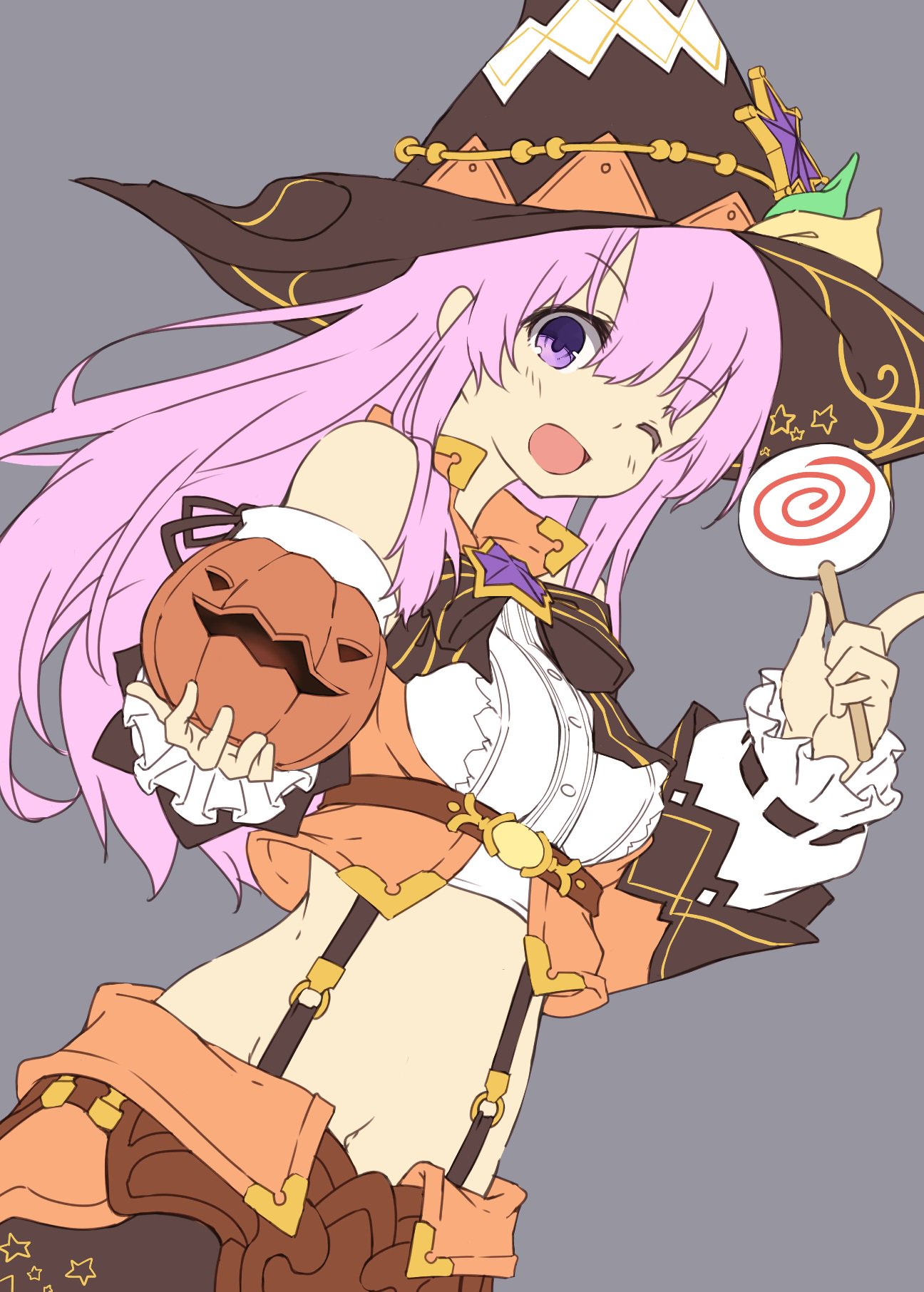 1girl candy dress food hair_ornament halloween_costume hat highres holding lollipop long_hair looking_at_viewer navel nepgear neptune_(series) normaland one_eye_closed pink_hair short_dress solo violet_eyes witch_hat