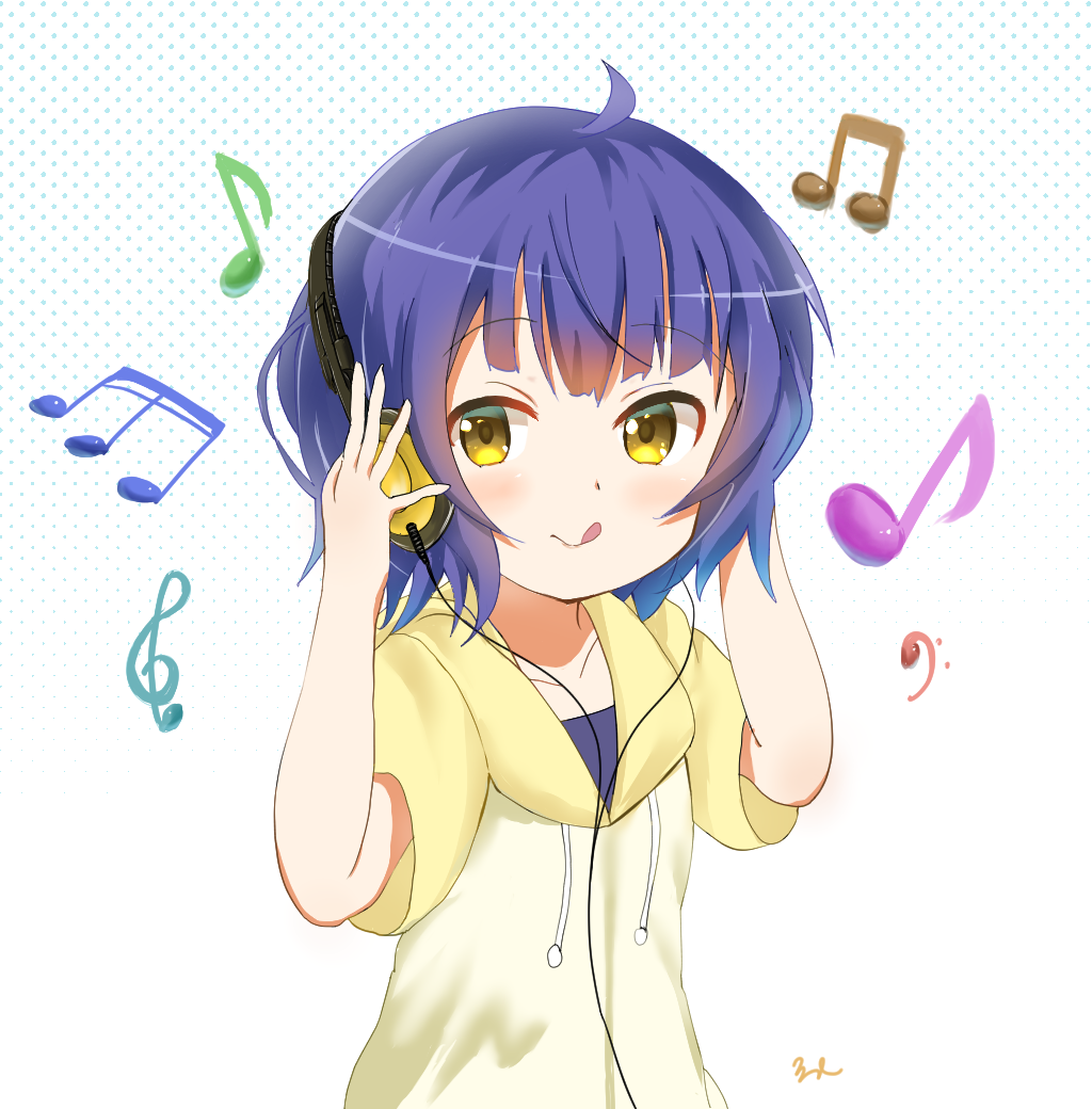 1girl :q aayh ahoge bangs bass_clef beamed_quavers beamed_semiquavers blue_hair blush closed_mouth commentary_request drawstring eyebrows_visible_through_hair gochuumon_wa_usagi_desu_ka? halftone halftone_background hands_on_headphones headphones hood hood_down hoodie jouga_maya listening_to_music looking_at_viewer musical_note quaver short_sleeves simple_background smile solo tareme tongue tongue_out treble_clef upper_body white_background yellow_eyes yellow_hoodie