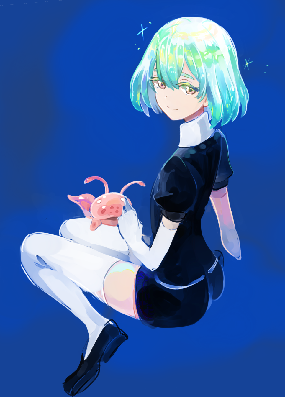 androgynous bangs black_footwear black_shirt black_shorts blue_background bob_cut brown_eyes closed_mouth creature diamond_(houseki_no_kuni) elbow_gloves gloves green_hair hair_between_eyes highres houseki_no_kuni light_smile loafers looking_at_viewer looking_back monsieur puffy_short_sleeves puffy_sleeves shirt shoes short_hair short_shorts short_sleeves shorts sitting smile thick_eyebrows thigh-highs ventricosus white_gloves white_legwear