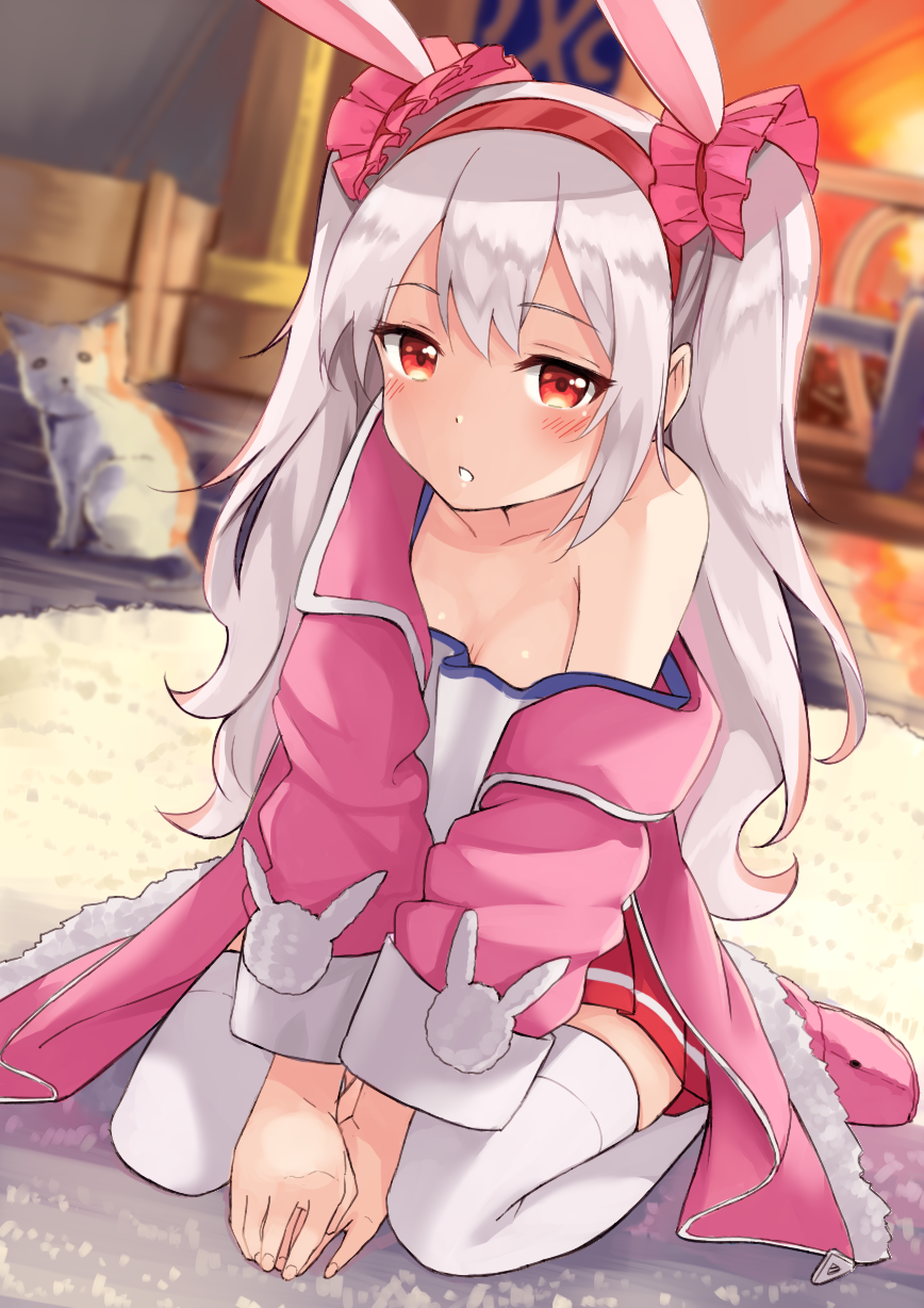1girl :o animal animal_ears azur_lane balcony blurry blush box breasts carpet cat cleavage coat commentary_request depth_of_field evening frills hairband highres indoors laffey_(azur_lane) long_hair long_sleeves looking_at_viewer off_shoulder on_floor open_clothes open_coat orange_sky own_hands_together parted_lips pink_coat pink_footwear pleated_skirt rabbit_ears red_eyes red_hairband red_skirt silver_hair single_bare_shoulder skirt sky slippers small_breasts solo strap_slip thigh-highs tsukiman v_arms zettai_ryouiki