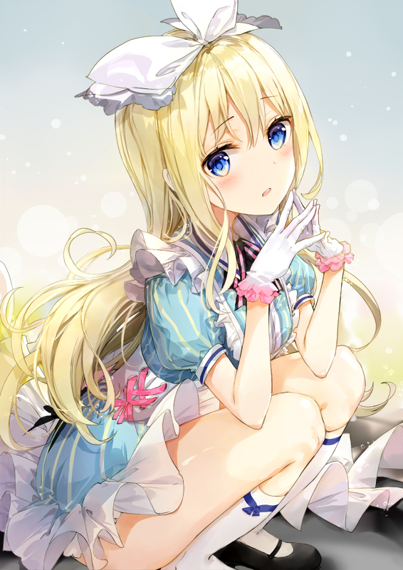 1girl alice_(wonderland) alice_in_wonderland apron bangs black_footwear blonde_hair blue_dress blue_eyes blush bow commentary_request dress eyebrows_visible_through_hair fingers_together frilled_apron frills fuumi_(radial_engine) gloves hair_bow hair_ribbon kneehighs long_hair looking_at_viewer mary_janes original own_hands_together parted_lips puffy_short_sleeves puffy_sleeves revision ribbon shoes short_sleeves steepled_fingers striped vertical-striped_dress vertical_stripes white_bow white_gloves white_legwear