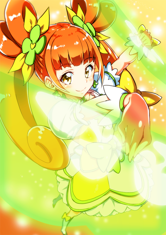 1girl boots bow brown_hair closed_mouth cure_rosetta dokidoki!_precure double_bun earrings flower full_body hair_flower hair_ornament hair_ribbon jewelry knee_boots long_hair looking_at_viewer magical_girl perspective precure ribbon shiny shiny_skin skirt smile solo twintails white_footwear yellow_background yellow_bow yellow_eyes yotsuba_alice yuto_(dialique)