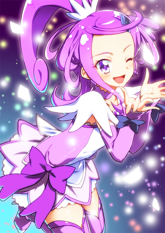 1girl ;d arm_warmers blue_background boots bow choker cure_sword curly_hair dokidoki!_precure gradient gradient_background hair_ornament kenzaki_makoto light_particles looking_at_viewer magical_girl one_eye_closed open_mouth ponytail precure purple purple_background purple_bow purple_footwear purple_hair purple_neckwear short_hair smile solo spade_hair_ornament thigh-highs thigh_boots violet_eyes yuto_(dialique)