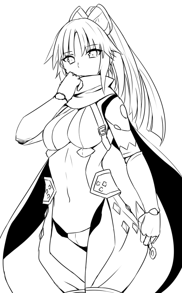 1girl arm_guards bangs breasts cowboy_shot eyebrows_visible_through_hair fate/grand_order fate_(series) fingerless_gloves gloves greyscale japanese_clothes katou_danzou_(fate/grand_order) lineart long_hair looking_at_viewer medium_breasts monochrome navel parted_bangs ponytail scarf shiseki_hirame sidelocks simple_background solo