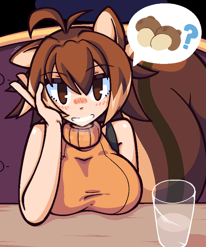 1girl acorn animal_ears antenna_hair average-hanzo blazblue blush_stickers breast_rest breasts brown_eyes brown_hair casual large_breasts looking_at_viewer makoto_nanaya sexually_suggestive short_hair sleeveless sleeveless_turtleneck solo speech_bubble squirrel_ears squirrel_tail tail turtleneck