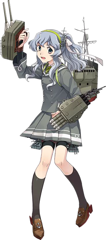1girl :d bandanna black_legwear braid coat fujikawa full_body grey_eyes hairband kantai_collection long_hair looking_at_viewer machinery official_art open_mouth pleated_skirt school_uniform shoes silver_hair single_braid skirt smile socks solo suspenders transparent_background turret yamagumo_(kantai_collection)