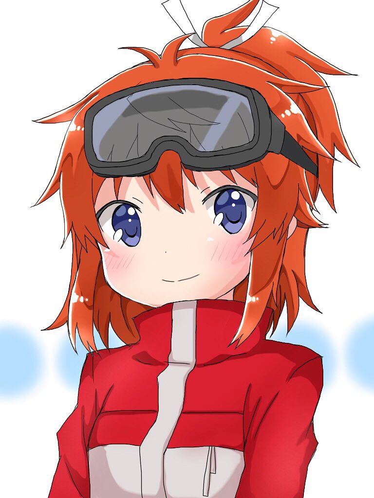 1girl arms_at_sides bangs blue_eyes blush brown_hair closed_mouth commentary_request goggles goggles_on_head hair_between_eyes hair_ribbon high_ponytail jacket koshigaya_natsumi looking_at_viewer non_non_biyori red_jacket ribbon shika_(s1ka) sidelocks ski_goggles smile solo tareme upper_body white_ribbon winter_clothes