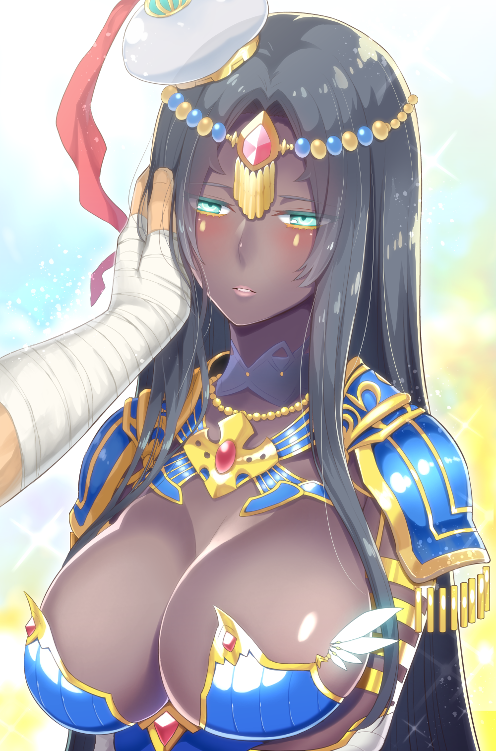 1girl black_hair breasts circlet cleavage dark_skin fate/grand_order fate_(series) green_eyes hand_on_another's_face hat highres jewelry large_breasts long_hair nakamura_hinato pov_hand scheherazade_(fate/grand_order) solo_focus very_long_hair wrist_wraps