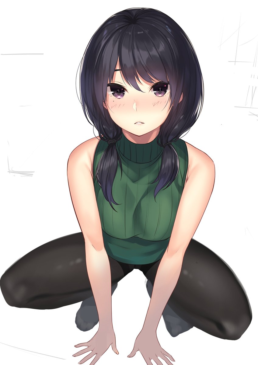 1girl bangs black_hair black_legwear blush breasts green_sweater hair_between_eyes highres kagematsuri long_hair looking_at_viewer low_twintails medium_breasts mole mole_under_eye original pantyhose parted_lips ribbed_sweater sleeveless solo spread_legs squatting sweater thighband_pantyhose thighs tsurime turtleneck turtleneck_sweater twintails violet_eyes white_background