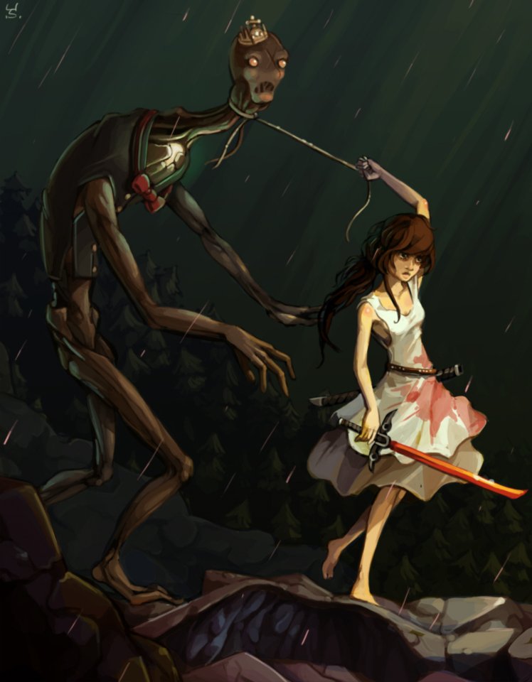 1girl barefoot blood bloody_clothes bloody_dress bow breasts brown_hair crown dress full_body height_difference joakim_sandberg leash long_hair mini_crown monster original pulling rain red_bow scarf small_breasts sword vest weapon white_dress