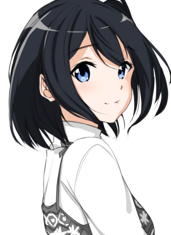 1girl bangs black_hair blue_eyes closed_mouth commentary_request dress eyebrows_visible_through_hair eyes_visible_through_hair from_side looking_at_viewer looking_to_the_side original shirt simple_background smile solo suzunari_shizuku upper_body white_background white_shirt yuki_arare