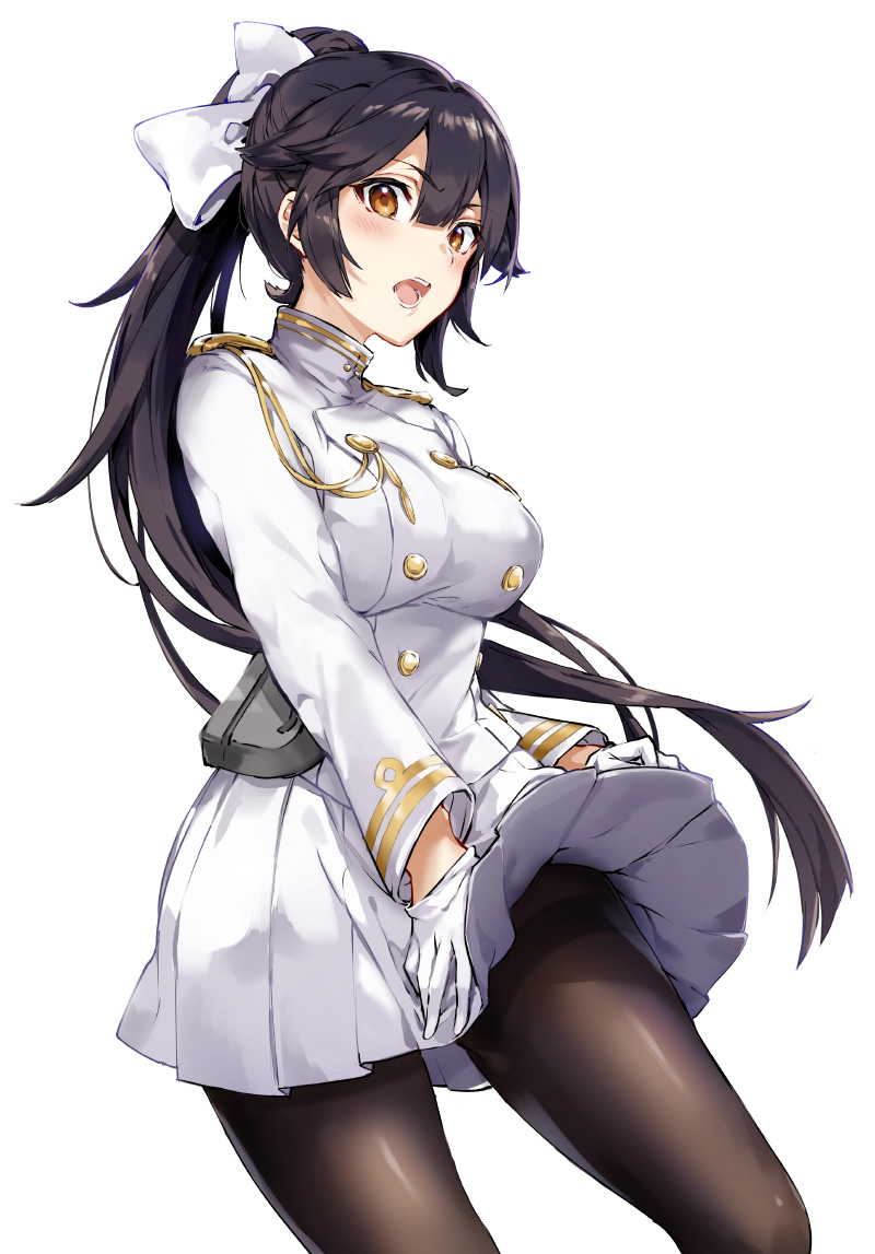 1girl aiguillette arisaka_ako azur_lane bangs black_hair black_legwear bow breasts commentary commentary_request dress gloves hair_bow high_ponytail large_breasts long_hair long_sleeves looking_at_viewer military military_uniform miniskirt open_mouth pantyhose pleated_skirt ponytail rigging sidelocks simple_background skirt solo takao_(azur_lane) teeth thighband_pantyhose uniform very_long_hair white_background white_bow white_dress wind wind_lift yellow_eyes