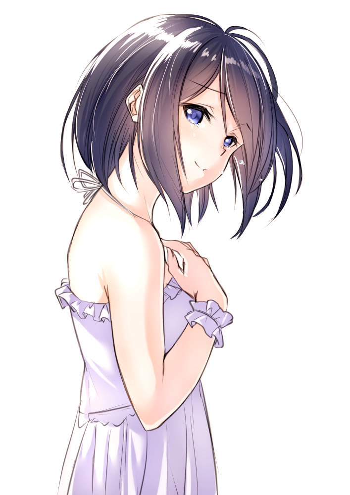 1girl arm_garter bangs blue_eyes blue_hair closed_mouth dress eyebrows_visible_through_hair from_side hand_on_own_chest looking_at_viewer looking_to_the_side original short_hair simple_background smile solo suzunari_shizuku upper_body white_background white_dress yuki_arare