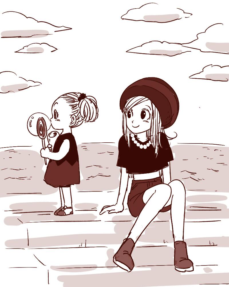 2girls black_eyes black_shirt boots bubble bulma candy closed_mouth clouds dragon_ball dress food ginga_patrol_jaco greyscale happy hat holding holding_candy holding_food holding_lollipop jewelry lollipop long_hair looking_away miiko_(drops7) monochrome multiple_girls necklace pearl_necklace sepia shirt shorts siblings sisters sitting sky smile standing tights_(ginga_patrol_jaco) twintails