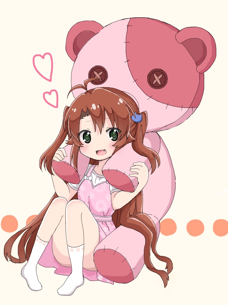 1girl :d antenna_hair bangs beige_background blush bow brown_hair cat_hair_ornament commentary_request convenient_leg dress eyebrows_visible_through_hair fang green_eyes hair_between_eyes hair_ornament heart holding knees_together_feet_apart koshigaya_komari long_hair looking_at_viewer no_shoes non_non_biyori open_mouth oversized_object pigeon-toed pink_dress shika_(s1ka) shirt short_sleeves sidelocks simple_background sitting smile socks solo stuffed_animal stuffed_toy teddy_bear two_side_up undershirt very_long_hair white_bow white_legwear white_shirt