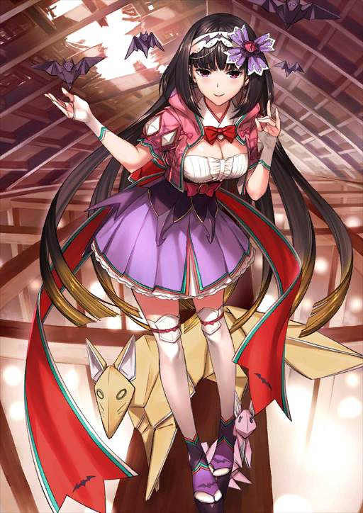 1girl :&gt; bat black_hair blush bow bowtie breasts cleavage cleavage_cutout fate/grand_order fate_(series) fingerless_gloves flower fox gloves hair_flower hair_ornament hole hole_in_ceiling large_breasts long_hair looking_at_viewer moriyama_daisuke origami osakabe-hime_(fate/grand_order) red_neckwear smile solo standing sunlight very_long_hair violet_eyes white_gloves