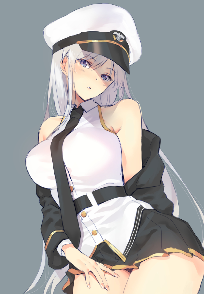 1girl azur_lane bangs bare_shoulders belt black_coat black_neckwear breasts buttons commentary_request cowboy_shot detached_sleeves enterprise_(azur_lane) eyebrows_visible_through_hair eyes_visible_through_hair grey_background hair_between_eyes hand_on_own_thigh hat head_tilt large_breasts lavender_eyes long_hair looking_at_viewer miniskirt natsuhiko necktie off_shoulder parted_lips peaked_cap pleated_skirt shirt sidelocks silver_hair simple_background skirt sleeveless sleeveless_shirt solo very_long_hair wing_collar