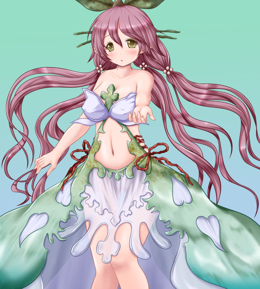 1girl bare_legs bare_shoulders breasts dress granblue_fantasy hair_bobbles hair_ornament large_breasts long_hair looking_at_viewer low_quad_tails navel object_on_head open_mouth pink_hair pointy_ears riku_(rikkuru) solo tree yellow_eyes yggdrasill_(granblue_fantasy)