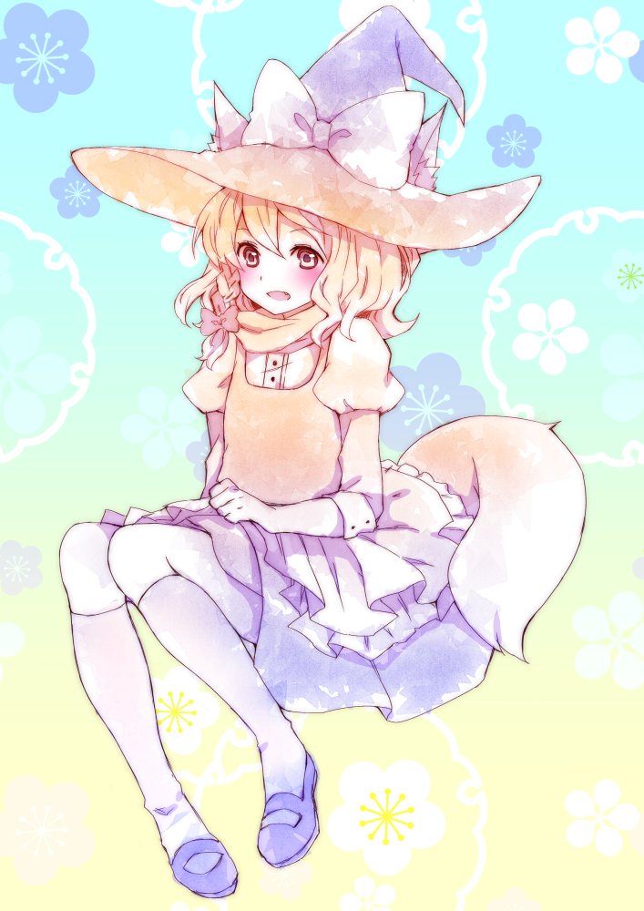 1girl :d animal_ears blonde_hair bow braid commentary ears_through_headwear fang fox_ears fox_tail full_body hair_ribbon hat hat_bow kemonomimi_mode kirisame_marisa looking_at_viewer mary_janes open_mouth peachpii puffy_short_sleeves puffy_sleeves ribbon shoes short_sleeves smile socks solo tail touhou tress_ribbon vest white_bow witch_hat yellow_eyes