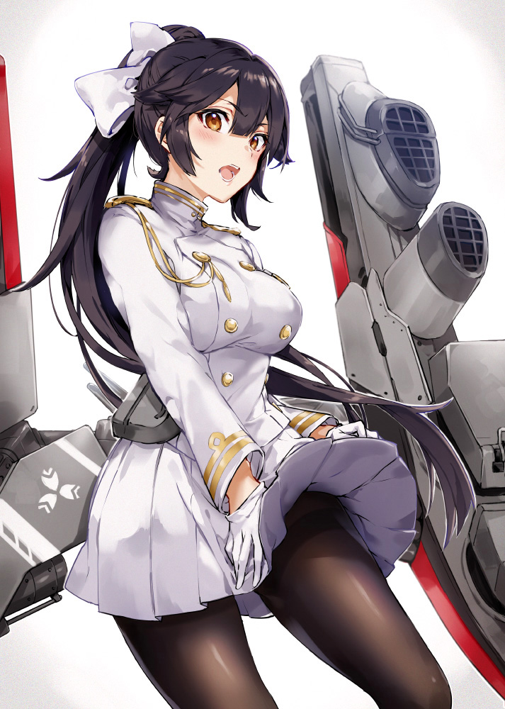 1girl aiguillette arisaka_ako azur_lane bangs black_hair black_legwear bow breasts commentary commentary_request dress gloves hair_bow high_ponytail large_breasts long_hair long_sleeves looking_at_viewer military military_uniform miniskirt open_mouth pantyhose pleated_skirt ponytail rigging sidelocks simple_background skirt solo takao_(azur_lane) teeth thighband_pantyhose uniform very_long_hair white_bow white_dress wind wind_lift yellow_eyes