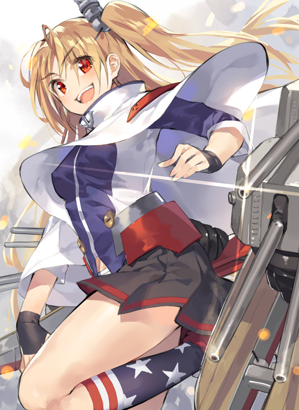 1girl :d aemochi american_flag_legwear azur_lane bangs black_gloves black_skirt brown_hair capelet cleveland_(azur_lane) eyebrows_visible_through_hair fingerless_gloves from_side gloves kneehighs long_hair looking_at_viewer open_mouth pleated_skirt red_eyes rigging skirt smile solo two_side_up