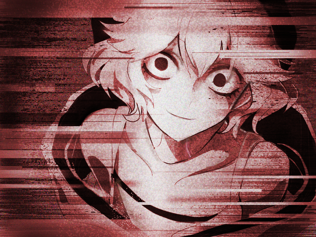 1other androgynous bangs closed_mouth collarbone commentary_request glitch hair_between_eyes hemo_(hemoroda) horror_(theme) kuzu_suzumi len'en looking_at_viewer monochrome portrait red_theme short_hair smile solo tank_top wide-eyed