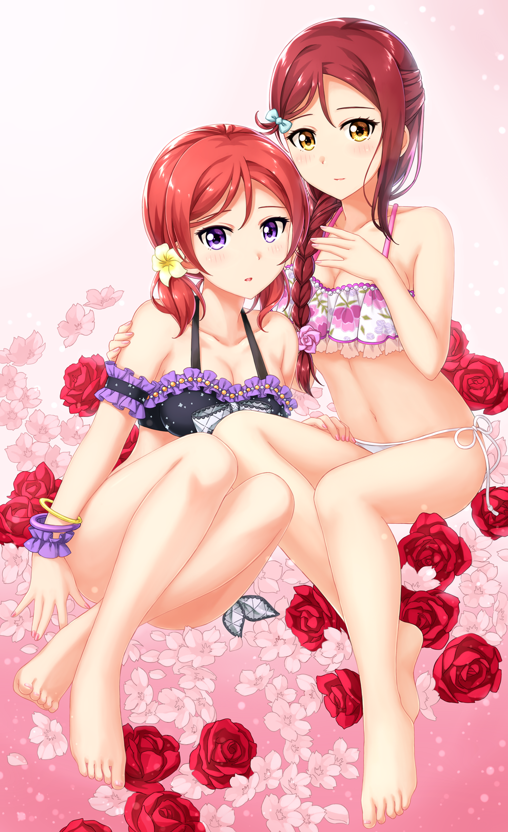 2girls :o arm_garter bangle bare_arms bare_legs bare_shoulders barefoot bikini black_bra blush bra bracelet braid breasts cleavage closed_mouth collarbone crossed_ankles feet floral_print flower full_body gradient gradient_background hair_flower hair_ornament hair_over_shoulder half_updo hand_on_another's_thigh hand_on_own_chest highres invisible_chair jewelry long_hair looking_at_viewer love_live! love_live!_sunshine!! medium_breasts multiple_girls nail_polish navel nishikino_maki parted_lips pink_background pink_eyes pink_nails red_rose redhead rose sakurauchi_riko single_braid sitting smile stomach swimsuit tareme toes tucana underwear underwear_only white_bikini yellow_eyes
