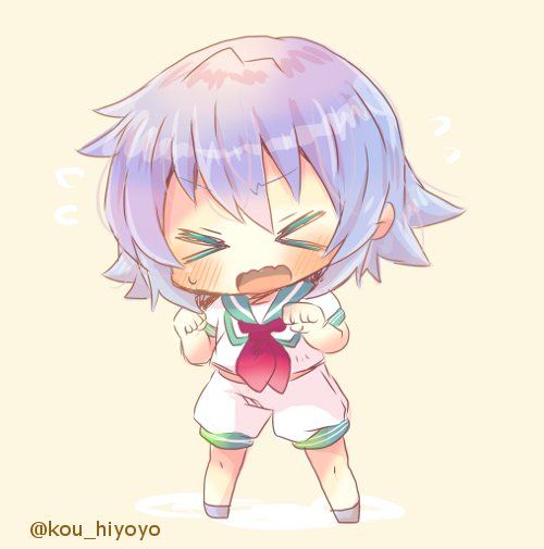 &gt;_&lt; 1girl chibi closed_eyes full_body green_sailor_collar kantai_collection kouu_hiyoyo neckerchief open_mouth pink_background purple_hair red_neckwear sailor_collar school_uniform serafuku short_hair short_sleeves shorts simple_background solo standing tama_(kantai_collection) twitter_username wavy_mouth white_shorts