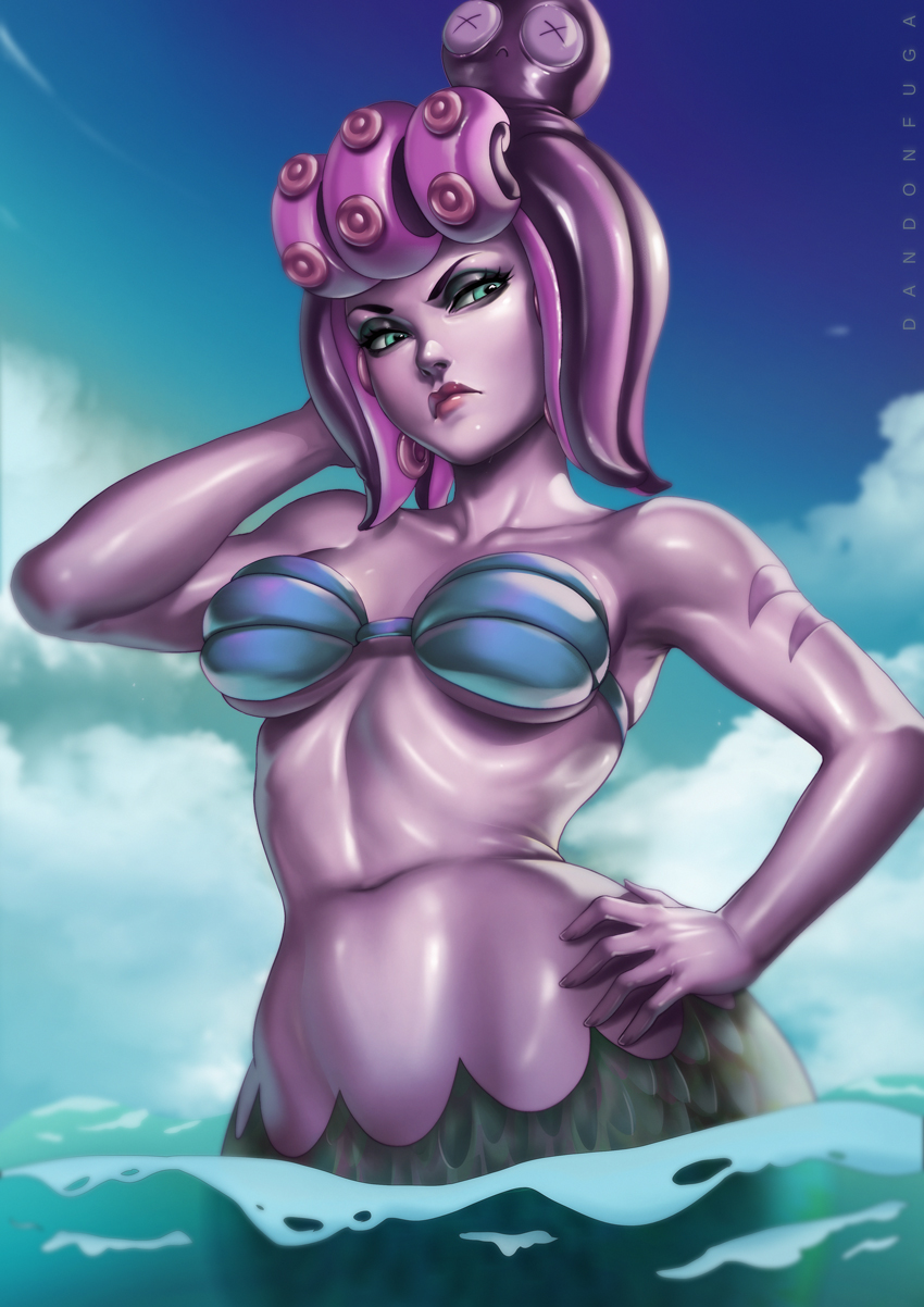1girl bare_arms breasts cala_maria_(cuphead) cleavage cuphead_(game) dandon_fuga highres looking_at_viewer medium_breasts mermaid monster_girl navel partially_submerged purple_hair purple_skin shell shell_bikini solo stomach tentacle_hair water