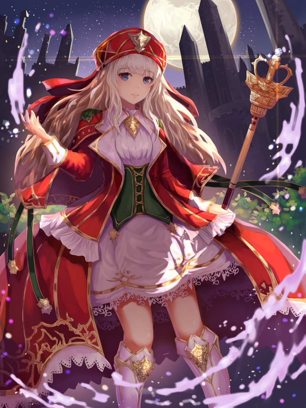 1girl blue_eyes boots castle dew_(7302235) dress full_moon hand_up hat highres holding holding_staff knee_boots long_hair moon night night_sky outdoors parted_lips plant red_hat sky staff standing white_footwear white_hair