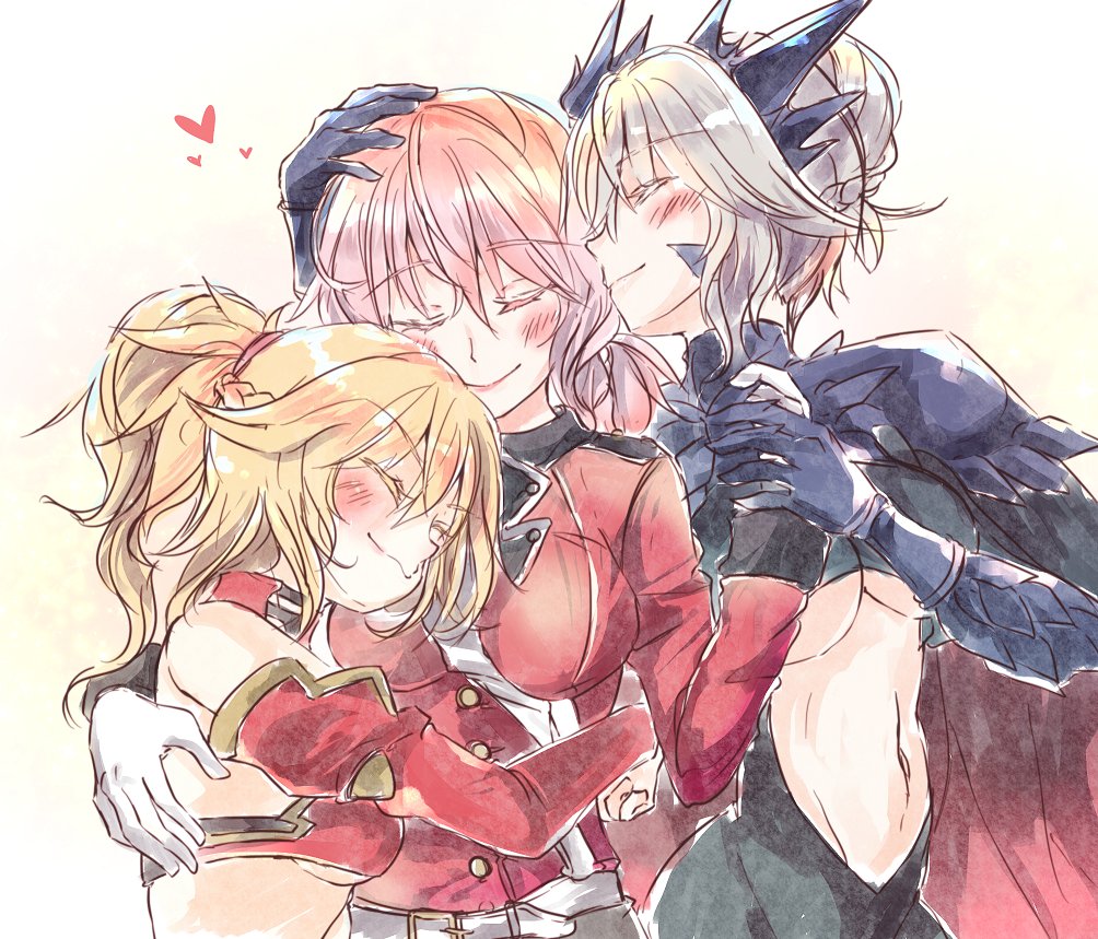 3girls artoria_pendragon_(all) artoria_pendragon_(lancer_alter) bare_shoulders blonde_hair braid breasts closed_eyes fate/grand_order fate_(series) florence_nightingale_(fate/grand_order) french_braid gloves hand_holding hand_on_another's_head heart hug mirui mother_and_daughter multiple_girls pink_hair ponytail saber_of_red sketch smile under_boob white_gloves yuri