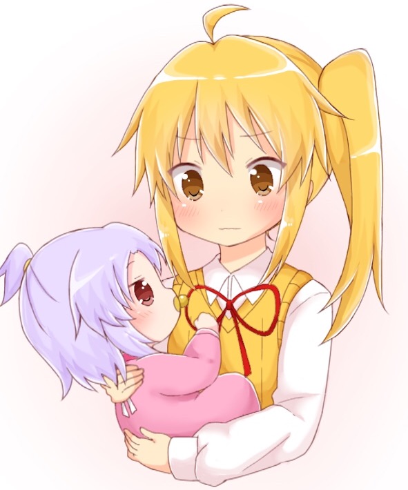 2girls ahoge baby bangs blush brown_eyes carrying closed_mouth collared_shirt eye_contact eyebrows_visible_through_hair jumpsuit kagayama_kaede long_hair long_sleeves looking_at_another miyauchi_renge multiple_girls neck_ribbon non_non_biyori pacifier purple_hair red_eyes red_ribbon ribbon shika_(s1ka) shirt side_ponytail sidelocks simple_background sweater_vest white_shirt younger