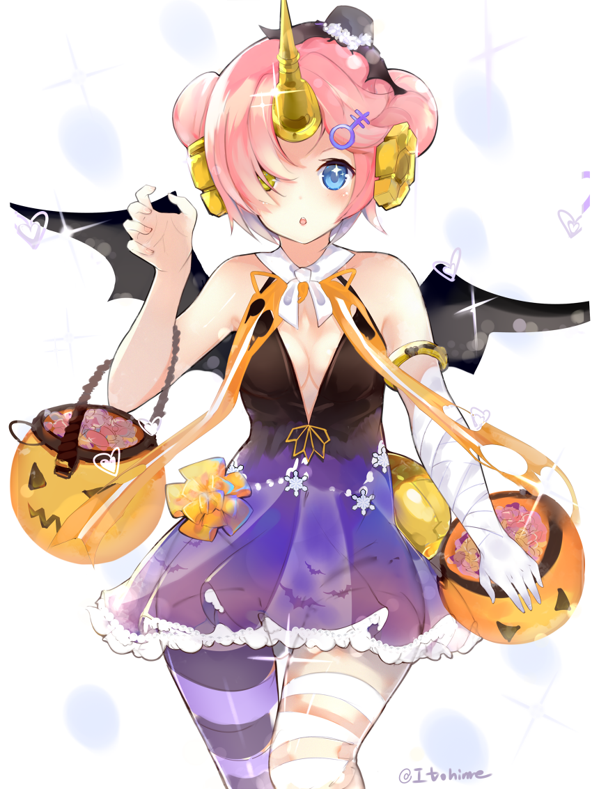 1girl :o bat_wings berserker_of_black blue_eyes breasts candy cleavage double_bun dress fake_wings fate/grand_order fate_(series) food frankenstein's_monster_(swimsuit_saber)_(fate) hair_ornament hair_over_one_eye hairclip halloween halloween_costume hat heterochromia horn itohime jack-o'-lantern looking_at_viewer pantyhose pink_hair ribbon short_dress short_hair small_breasts solo sparkling_eyes striped striped_legwear twitter_username wings yellow_eyes