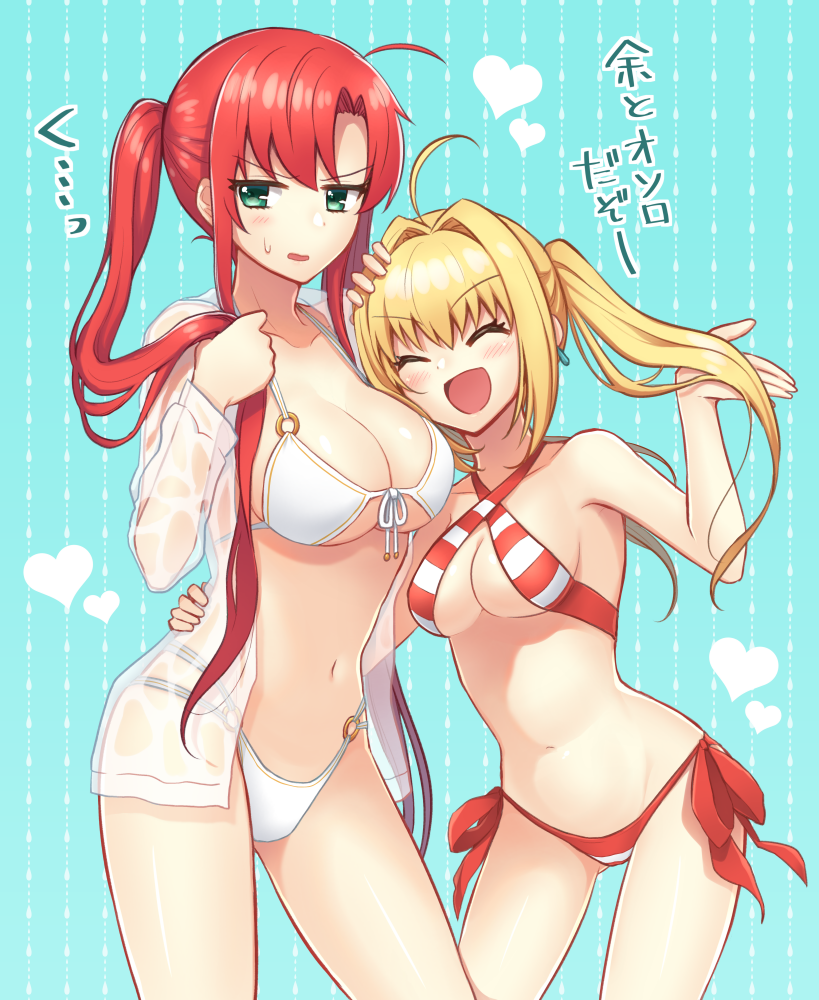 2girls :d ^_^ ahoge bikini blonde_hair blue_background blush boudica_(fate/grand_order) breasts closed_eyes earrings eyebrows_visible_through_hair fate/grand_order fate_(series) green_eyes jewelry large_breasts long_hair looking_to_the_side medium_breasts multiple_girls nakamura_hinato navel nero_claudius_(swimsuit_caster)_(fate) o-ring_bikini open_mouth redhead saber_extra side-tie_bikini size_difference smile standing striped striped_bikini swimsuit translated twintails white_bikini
