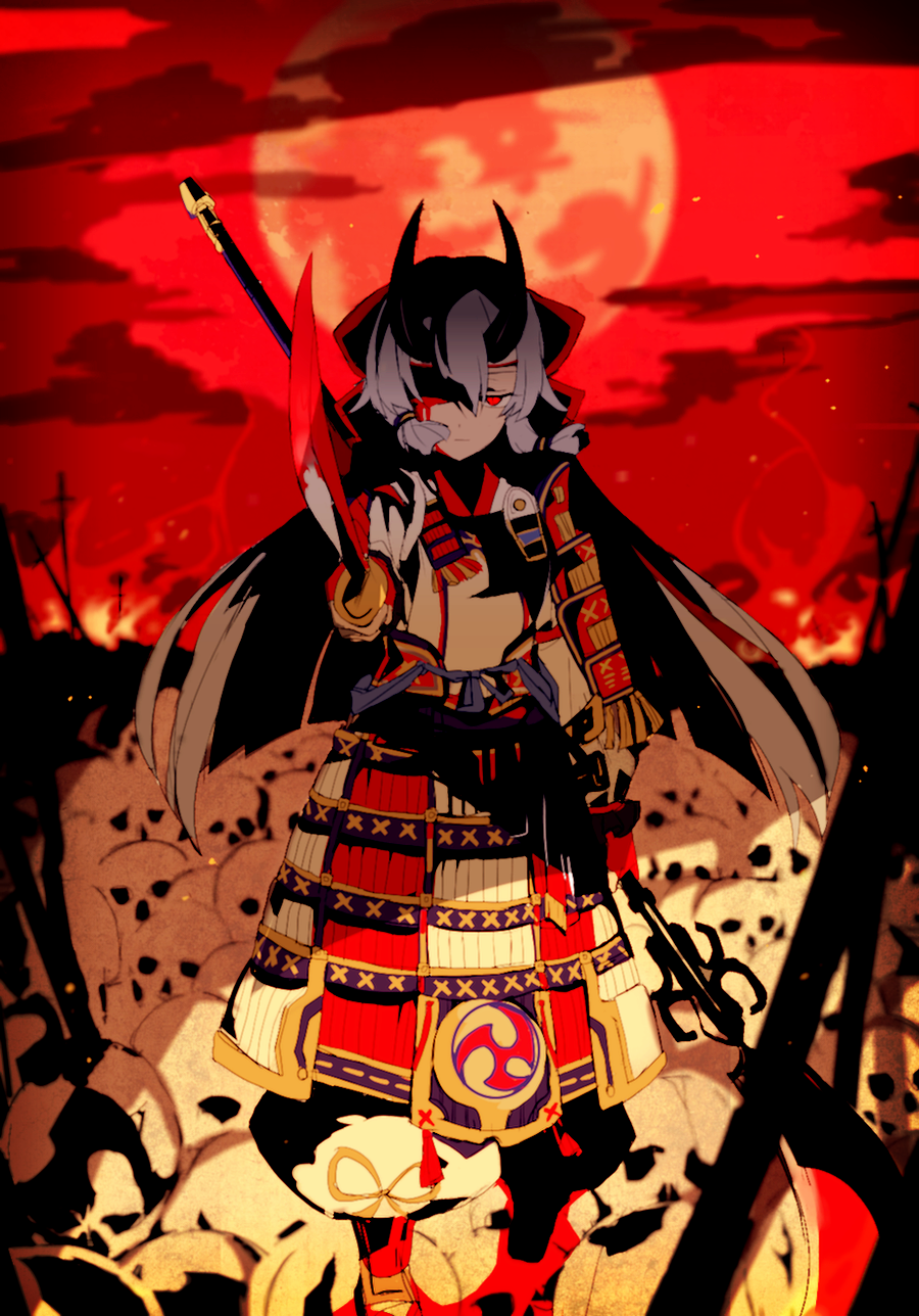 1girl armor bangs closed_mouth fate/grand_order fate_(series) full_moon hair_between_eyes hand_up highres hiiragi_fuyuki holding holding_weapon horns japanese_armor kusazuri long_hair looking_at_viewer moon oni_horns red_eyes sidelocks skull sode solo standing sword tomoe_gozen_(fate/grand_order) weapon white_hair