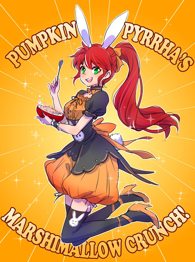 1girl animal_ears bunny_tail cereal cereal_box english fake_animal_ears fake_tail food green_eyes halloween halloween_costume happy high_heels iesupa marshmallow ponytail pumpkin_pants pyrrha_nikos rabbit_ears redhead rwby solo sparkle spoon tail thigh-highs