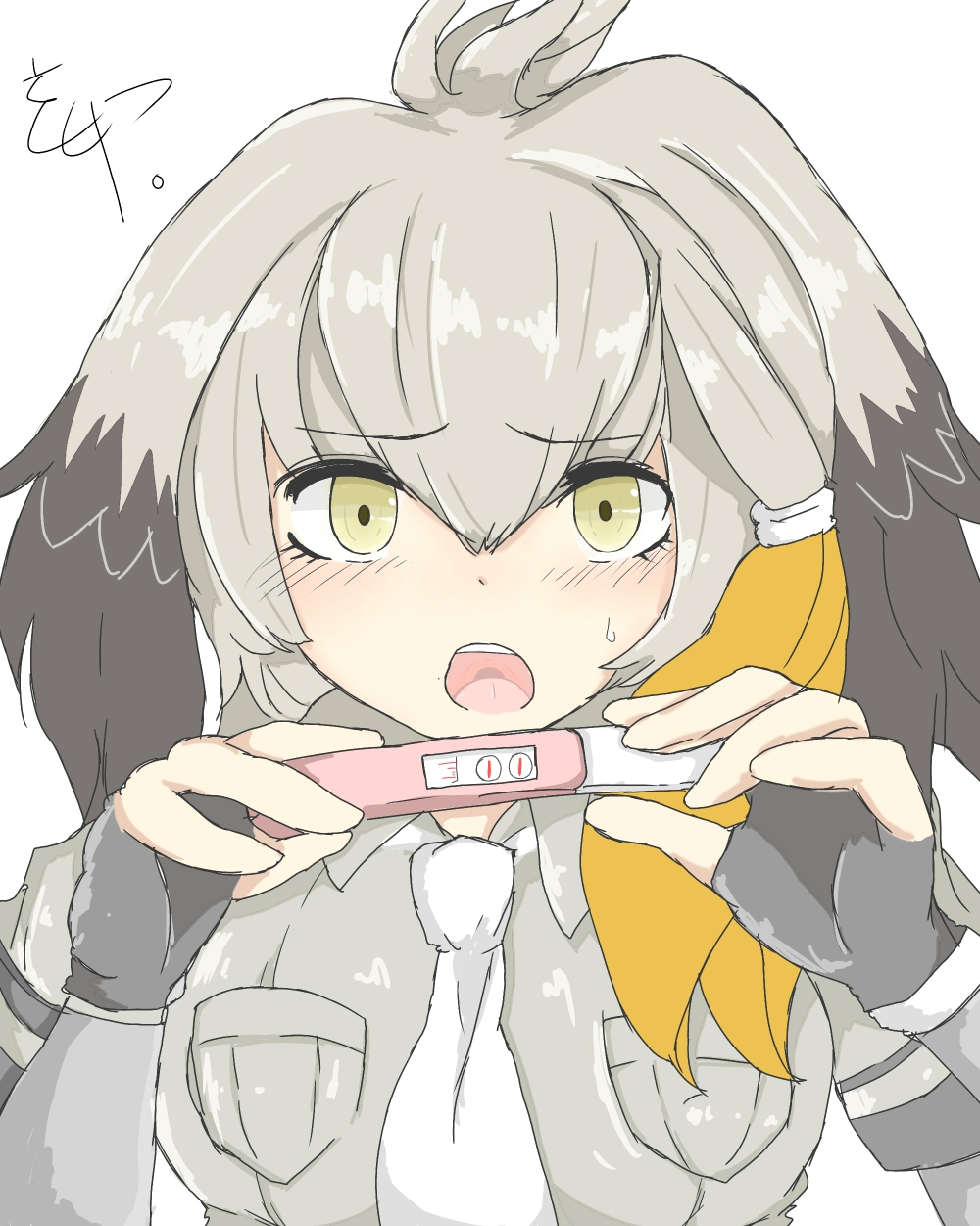 1girl blonde_hair blush eyebrows_visible_through_hair fingerless_gloves gloves grey_shirt head_wings highres kemono_friends kokuin looking_at_viewer multicolored_hair necktie pregnancy_test shirt shoebill_(kemono_friends) silver_hair sketch solo white_neckwear yellow_eyes