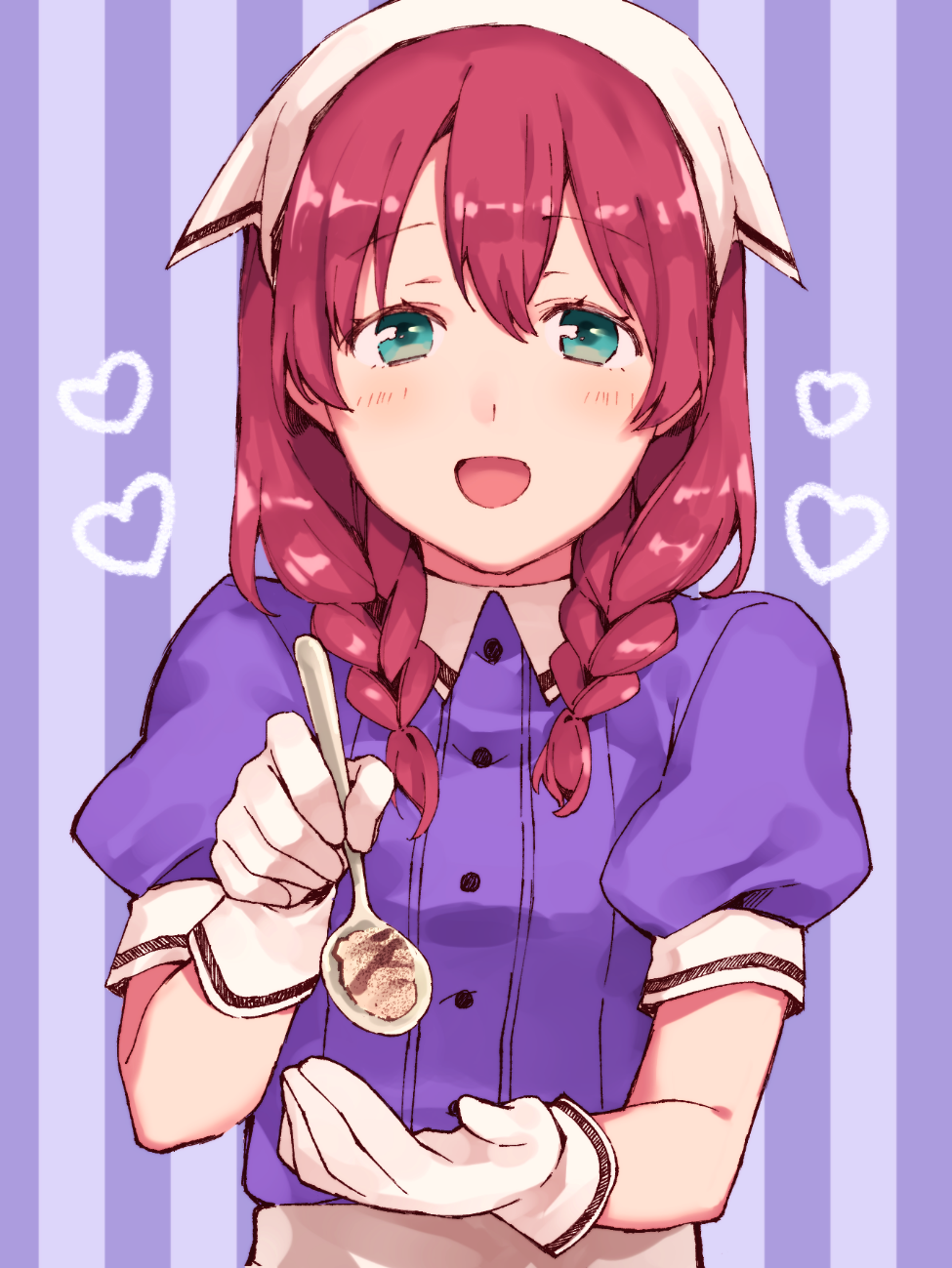 1girl :d amano_miu blend_s blush braid commentary_request food gloves green_eyes head_scarf heart highres incoming_food katakura_(jnug3453) looking_at_viewer open_mouth puffy_short_sleeves puffy_sleeves purple_background purple_shirt redhead shirt short_sleeves smile solo spoon striped twin_braids vertical-striped_background vertical_stripes waitress white_gloves