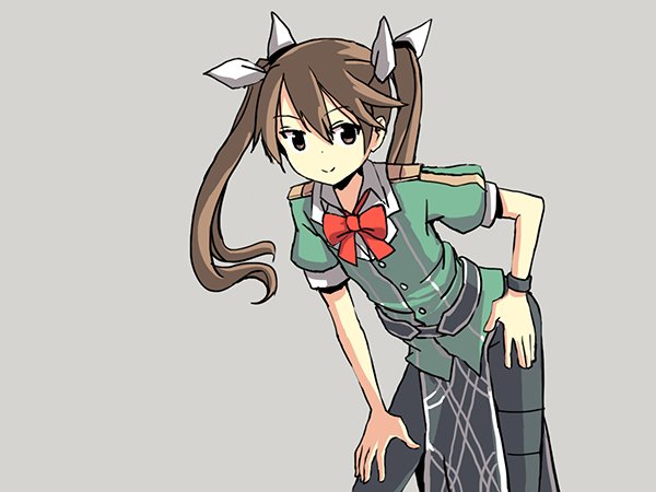 1girl adrian_ferrer alternate_costume bent_over brown_eyes brown_hair hair_between_eyes hair_ribbon hand_on_hip hand_on_own_knee kantai_collection pelvic_curtain ribbon solo tone_(kantai_collection) twintails wristband