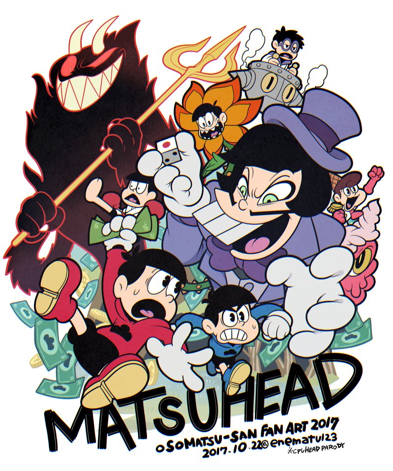 akumatsu buck_teeth cosplay cuphead_(game) enerunaru hood hoodie iyami king_dice king_dice_(cosplay) matsuno_choromatsu matsuno_ichimatsu matsuno_juushimatsu matsuno_karamatsu matsuno_osomatsu matsuno_todomatsu osomatsu-kun osomatsu-san parody sextuplets simple_background style_parody white_background