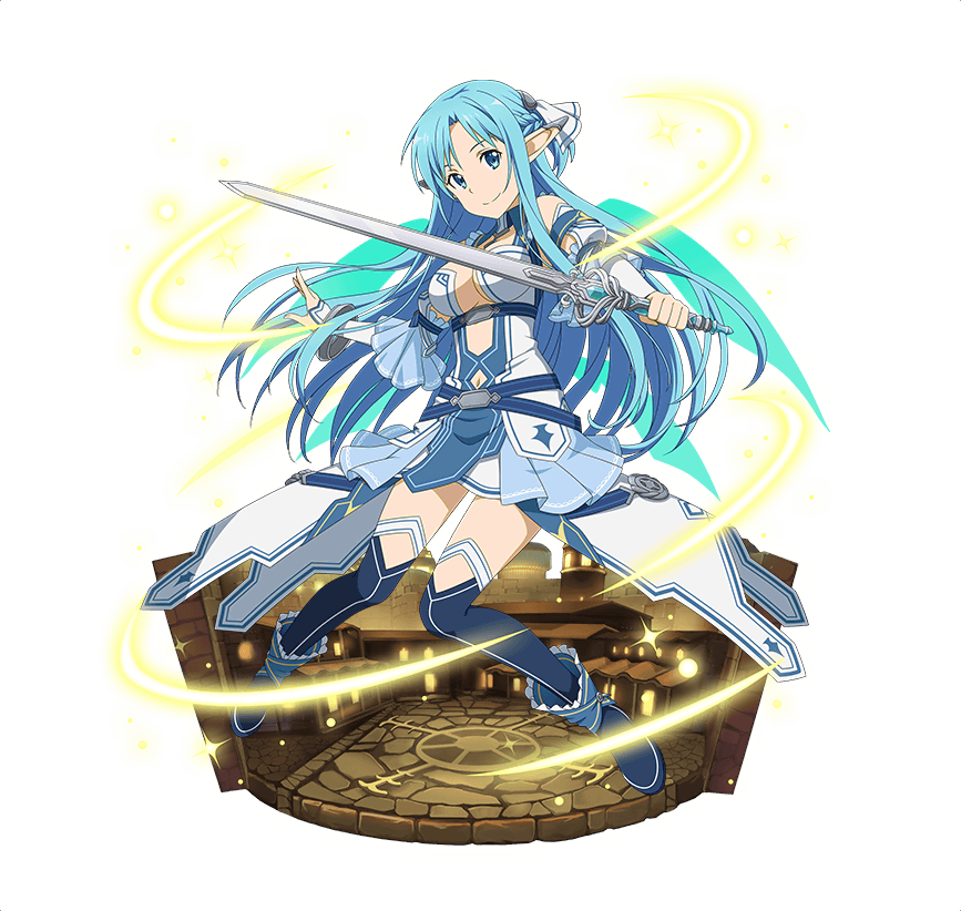 1girl asuna_(sao-alo) blue_eyes blue_hair blue_legwear blue_wings bracelet breasts choker cleavage detached_sleeves floating_hair full_body holding holding_sword holding_weapon jewelry long_hair looking_at_viewer medium_breasts miniskirt pointy_ears skirt smile solo sword sword_art_online thigh-highs transparent_background very_long_hair weapon wings
