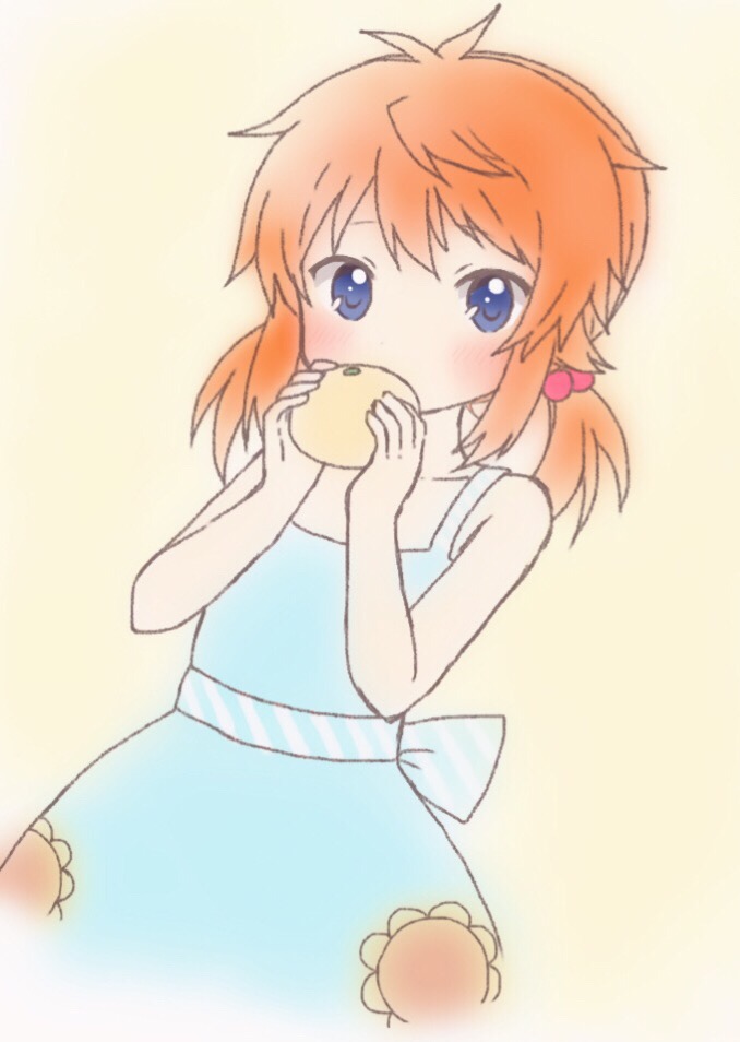 1girl alternate_hairstyle bangs blue_dress blue_eyes blush brown_hair commentary_request covered_mouth dress dutch_angle eyebrows_visible_through_hair floral_print food fruit hair_bobbles hair_ornament hands_up holding holding_fruit koshigaya_natsumi long_hair looking_at_viewer low_twintails mandarin_orange non_non_biyori print_dress shika_(s1ka) sidelocks simple_background solo sundress sunflower_print twintails yellow_background