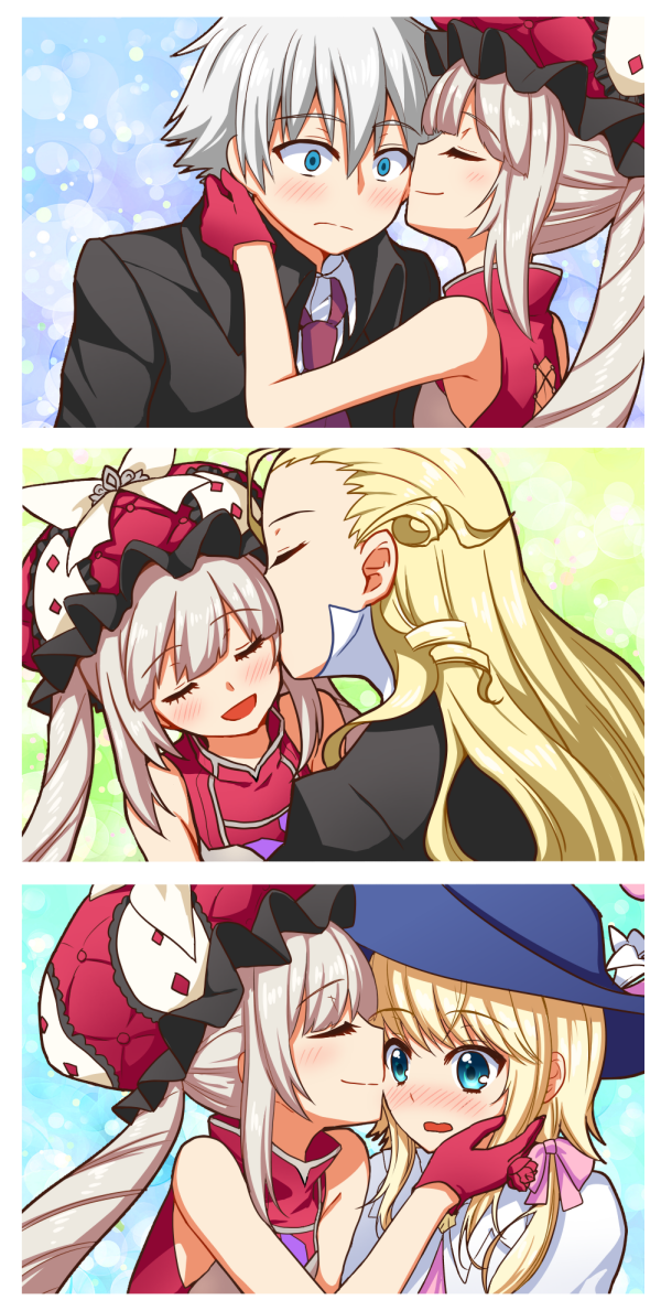 1girl 3boys :d bisexual_(female) blonde_hair blue_eyes blush charles_henri_sanson_(fate/grand_order) cheek_kiss closed_eyes drill_hair embarrassed fate/grand_order fate_(series) formal frown hat kiss le_chevalier_d'eon_(fate/grand_order) long_hair marie_antoinette_(fate/grand_order) multiple_boys nakamura_hinato necktie open_mouth silver_hair smile suit twin_drills twintails wavy_mouth wolfgang_amadeus_mozart_(fate/grand_order)