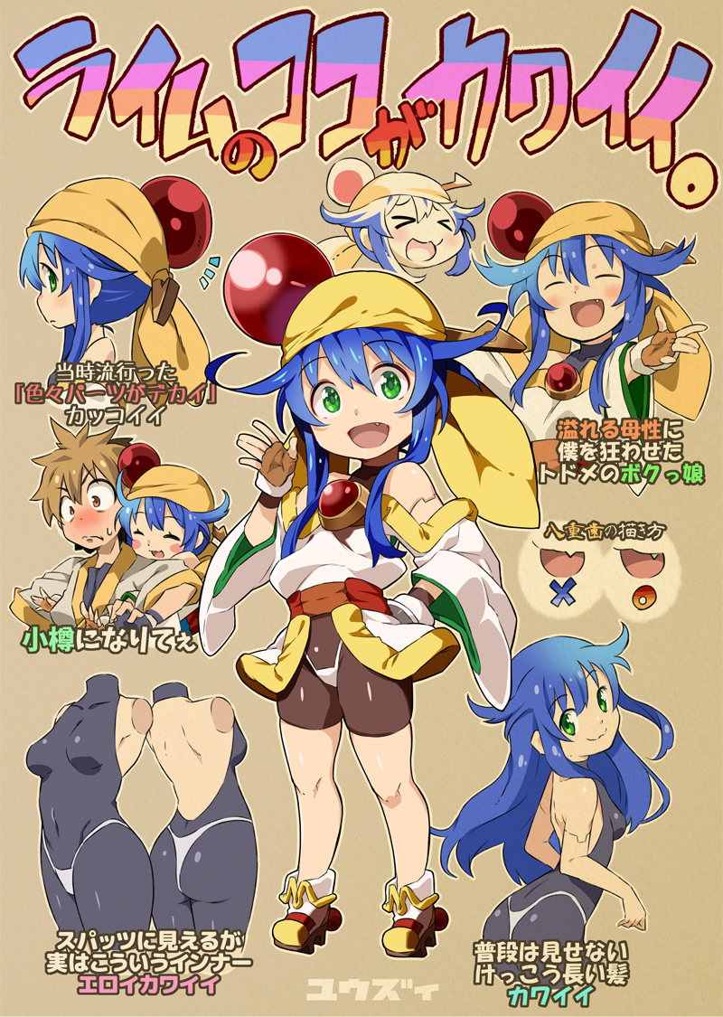 &gt;_&lt; 1boy 1girl :3 bandanna blue_hair bodysuit character_chart expressions fang gloves green_eyes hair_flaps hair_ornament japanese_clothes lime_(saber_j) long_hair looking_at_viewer mamiya_otaru open_mouth saber_marionette_j spandex standing translation_request waving yellow_headwear yuuzii