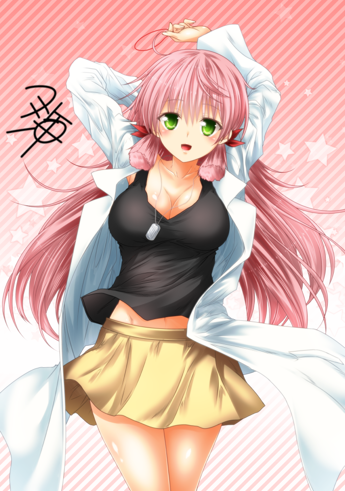 1girl :d akashi_(kantai_collection) alternate_costume arm_behind_head arms_up black_tank_top breasts cleavage collarbone diagonal-striped_background dog_tags eyebrows_visible_through_hair gradient gradient_background green_eyes kantai_collection labcoat large_breasts long_hair long_sleeves looking_at_viewer midriff_peek open_mouth pink_hair pleated_skirt red_background signature skirt smile solo star starry_background striped striped_background tank_top yellow_skirt yua_(checkmate)