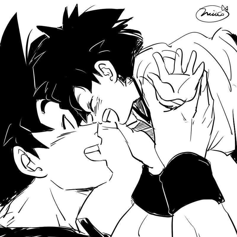 1boy 1girl artist_name black_hair carrying closed_eyes dragon_ball dragonball_z grandfather_and_granddaughter happy miiko_(drops7) monochrome noses_touching open_mouth outstretched_hand pan_(dragon_ball) short_hair simple_background smile son_gokuu white_background wristband