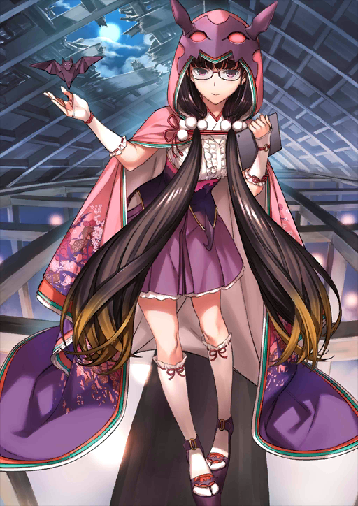 1girl :&gt; bat black_hair brown_hair fate/grand_order fate_(series) fingerless_gloves floral_print gloves gradient_hair hair_bobbles hair_ornament holding hole hole_in_ceiling hood hoodie long_hair looking_at_viewer low_twintails moriyama_daisuke multicolored_hair osakabe-hime_(fate/grand_order) red_eyes ribbon_trim sandals socks standing tablet twintails very_long_hair white_legwear