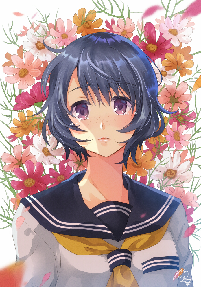 1girl bangs blue_hair blurry blush commentary_request depth_of_field eyebrows_visible_through_hair floral_background flower_request freckles frown lips looking_at_viewer neckerchief nekozuki_yuki original parted_lips petals pink_flower red_flower school_uniform serafuku shirt short_hair signature solo tareme tearing_up tears upper_body violet_eyes white_shirt yellow_flower yellow_neckwear