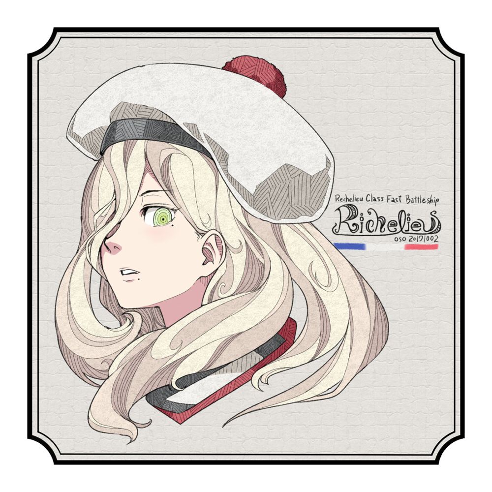 1girl beret blonde_hair character_name close-up hair_over_one_eye hat kantai_collection long_hair mole mole_under_eye mole_under_mouth oso_(toolate) pom_pom_(clothes) richelieu_(kantai_collection) solo upper_body white_hat yellow_eyes